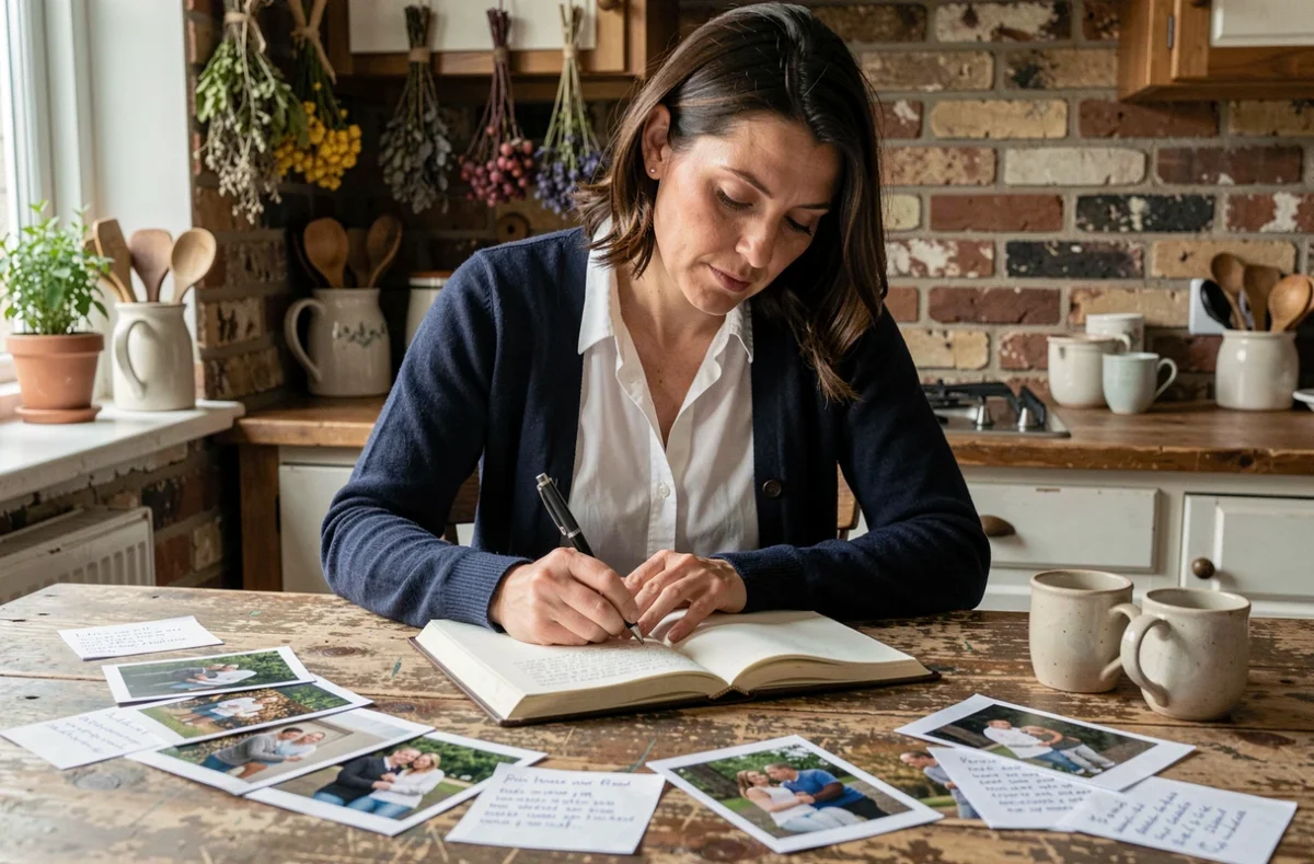 Femme écrivant dans un journal entouré de photos de famille dans une cuisine rustique et intime