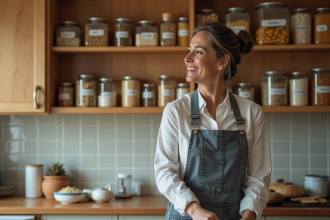 Femme organisée dans une épicerie maison avec des conserves