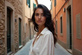 Jeune femme aux origines italiennes posant dans une ruelle pittoresque d'un village italien aux murs en pierre
