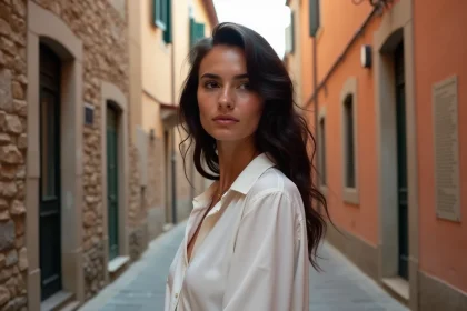 Jeune femme aux origines italiennes posant dans une ruelle pittoresque d'un village italien aux murs en pierre