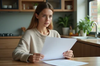 Femme préoccupée avec papiers dans une cuisine lumineuse
