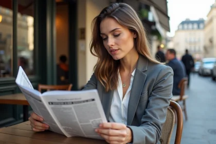 Femme lisant un journal &agrave; Paris dans un caf&eacute; en ext&eacute;rieur