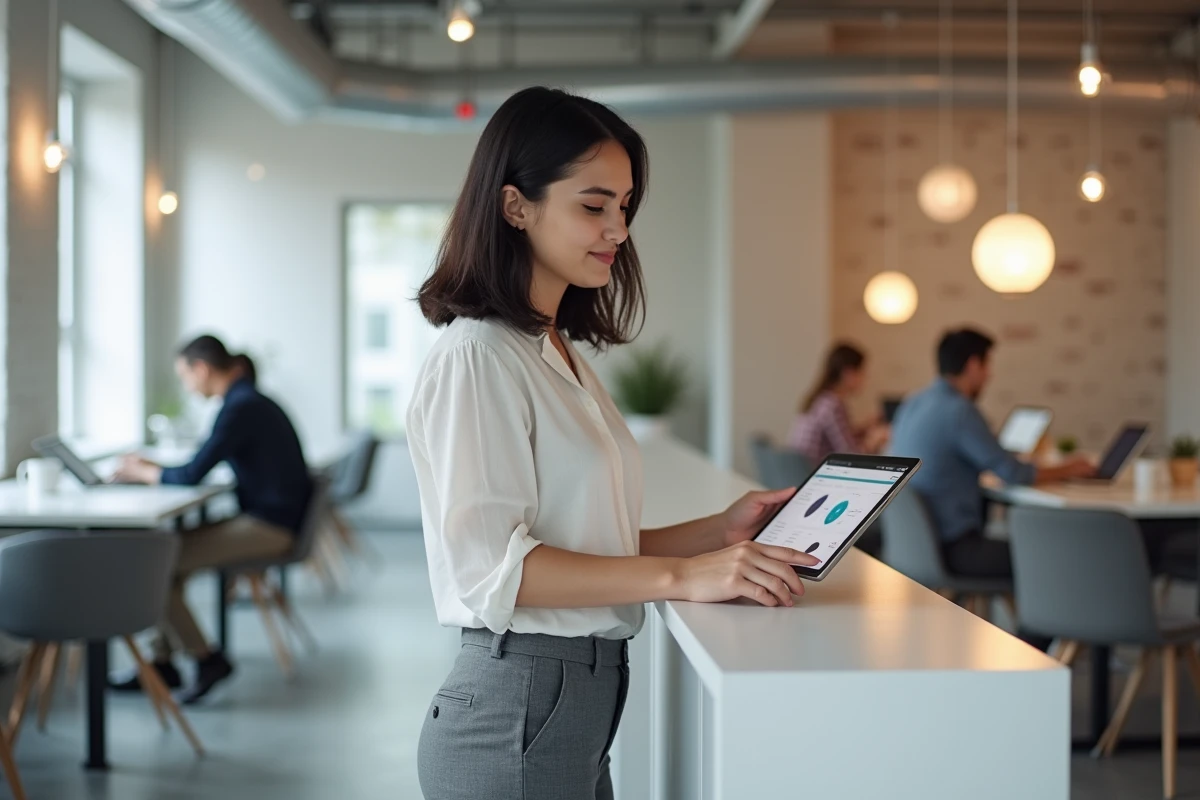 Femme professionnelle accédant aux nouveautés du site Albrad sur une tablette dans un espace de coworking contemporain