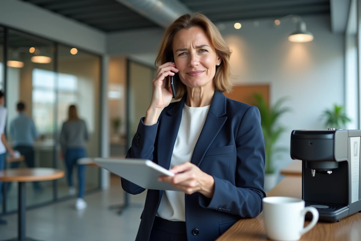 Femme professionnelle appelant le service Pajemploi par téléphone tout en utilisant une tablette dans une salle de pause de bureau