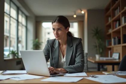Jeune femme professionnelle travaillant dans un bureau parisien moderne, illustrant un parcours de carrière indépendant