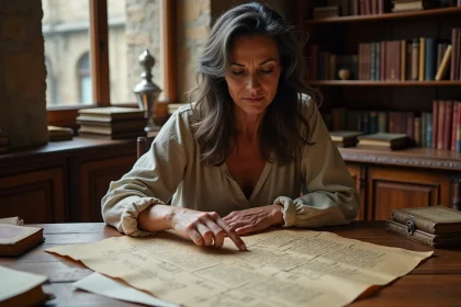 Femme étudiant des documents généalogiques anciens sur un bureau en bois pour retracer une lignée ancestrale Albrad