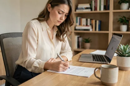 Femme rédigeant une lettre de congé parental à son bureau à domicile