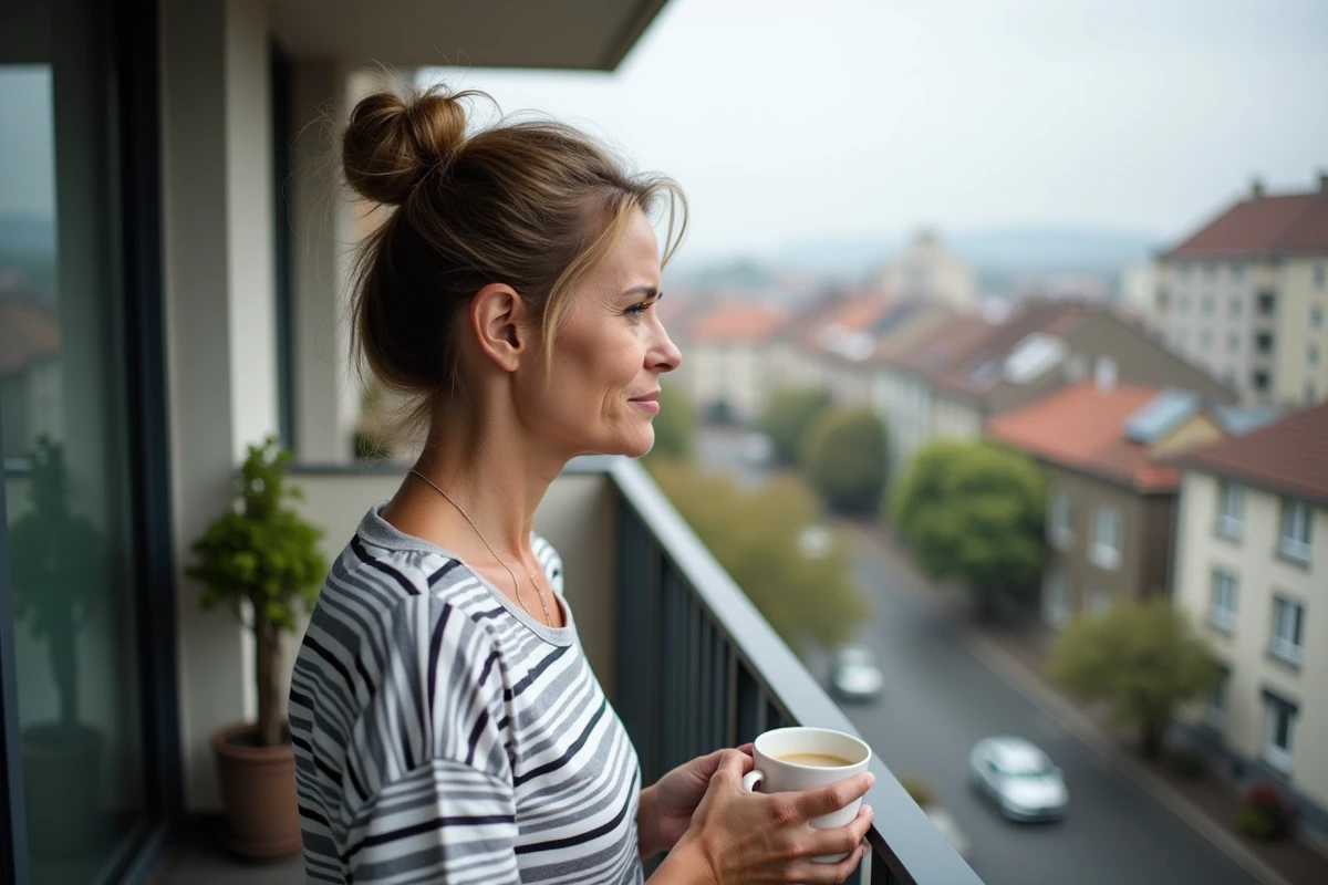 Femme pensant sur un balcon avec vue urbaine matinale