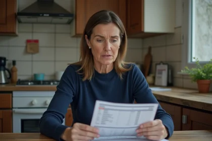 Femme consultant un relevé bancaire dans une cuisine modeste pour vérifier le versement du RSA en 2026