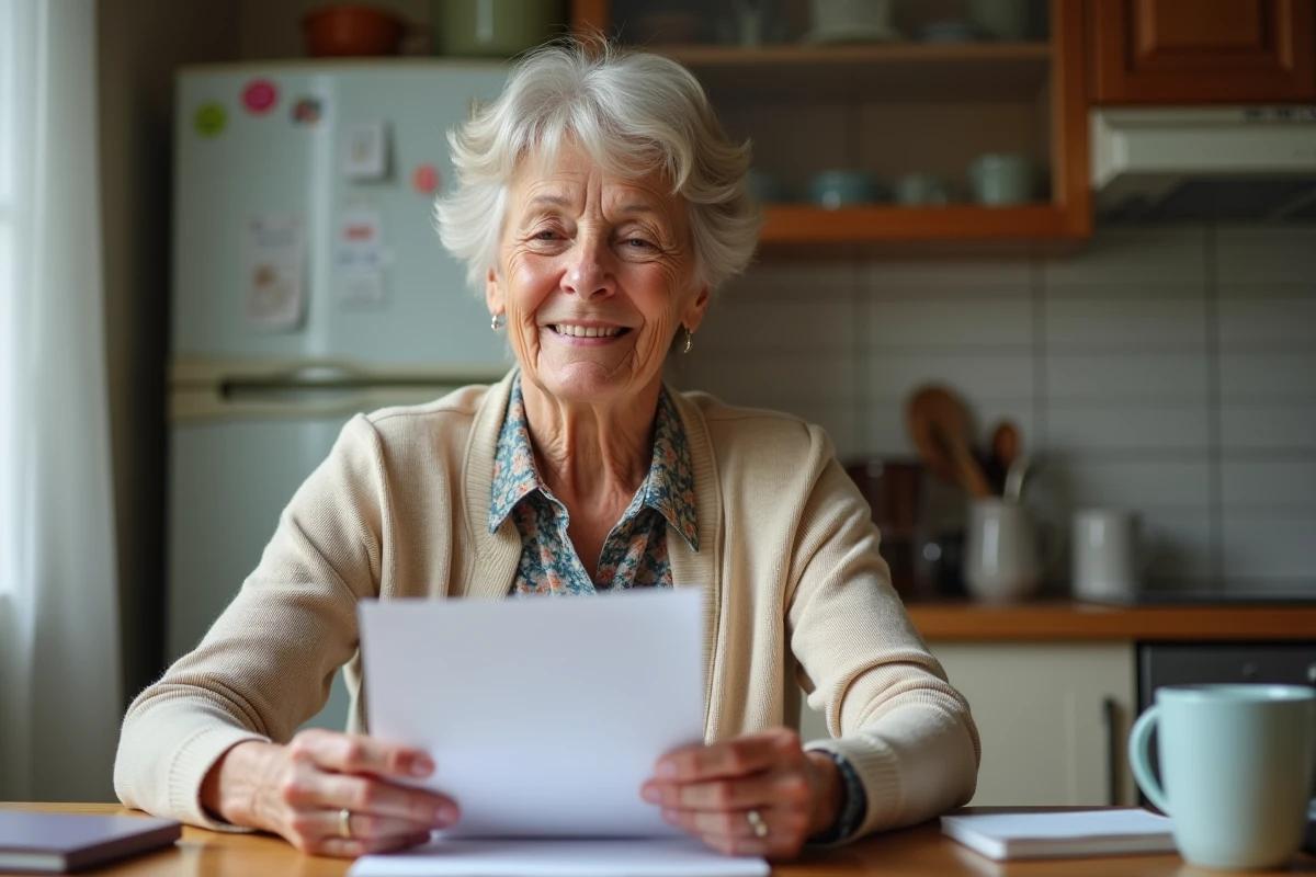Femme retraitée tenant un mémo SNCF dans la cuisine