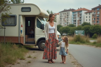 Femme romani avec sa fille près d'une caravane en extérieur