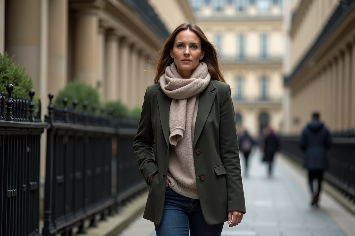 Femme en blazer marchant dans une rue urbaine