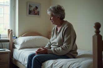Femme d'âge moyen assise sur le lit en tristesse