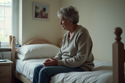 Femme d'âge moyen assise sur le lit en tristesse