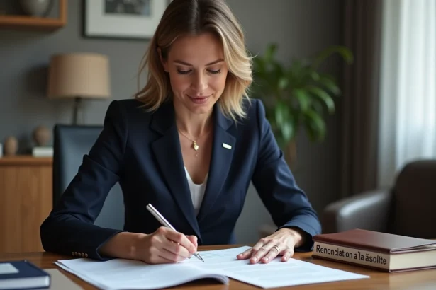 Femme en costume signant un document juridique dans un bureau moderne