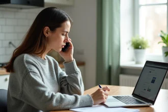 Femme appelant Pajemploi par téléphone tout en consultant le site internet sur son ordinateur portable dans une cuisine moderne