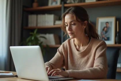 Femme concentr&eacute;e travaillant sur son ordinateur dans un bureau &agrave; domicile