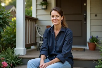 Femme discrète et élégante assise sur le porche d'une maison californienne, illustrant une vie privée loin des médias