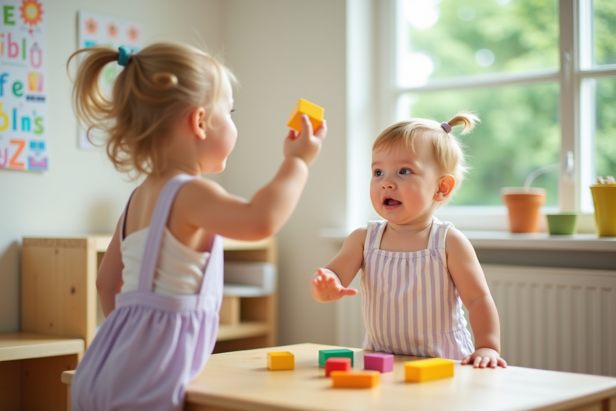 Fille de 18 mois jouant avec un bloc jaune dans une salle de jeux lumineuse