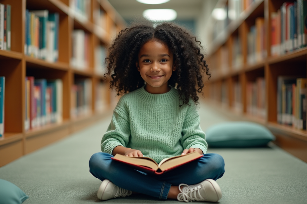 Fille lisant un livre dans une bibliothèque chaleureuse