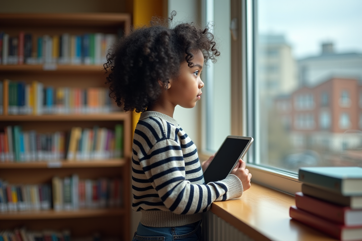 Fille de neuf ans regarde par la fenêtre dans une bibliothèque
