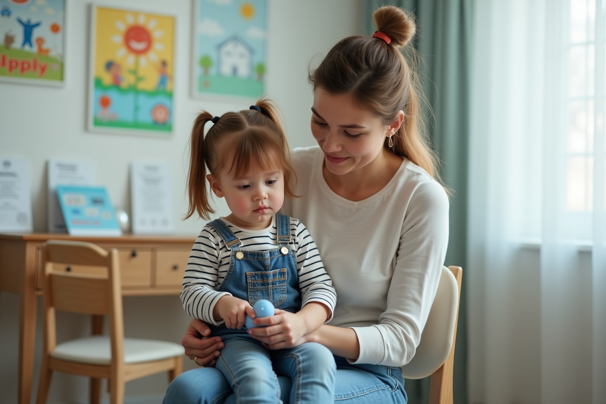 Fille de trois ans dans les bras de sa mère à la clinique