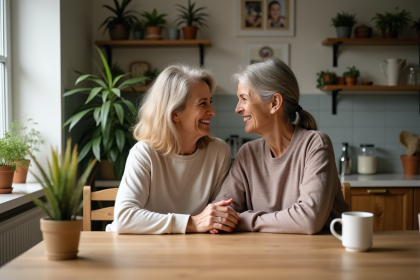 Fille adulte et mère discutant chaleureusement à la maison