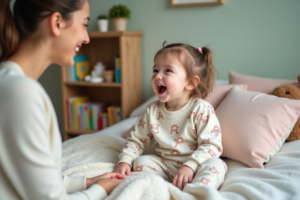 Jeune fille en pyjama animaux avec sa mère dans le lit