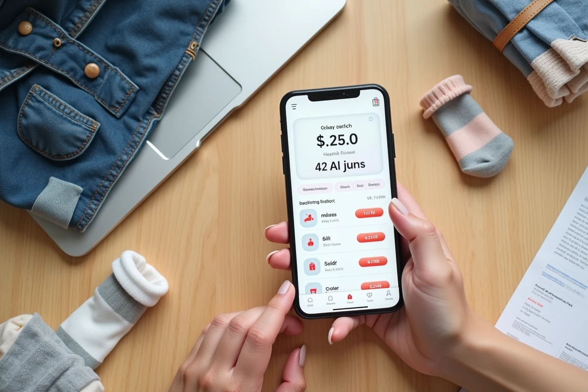 Vue aérienne d'un smartphone affichant un compte Orchestra avec des articles enfants et une carte fidélité sur un bureau