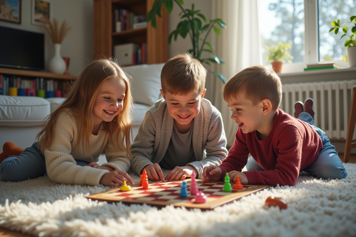 Trois frères jouant à un jeu de société dans le salon