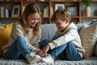 Soeur aidant son frère à lacer ses chaussures dans un salon chaleureux
