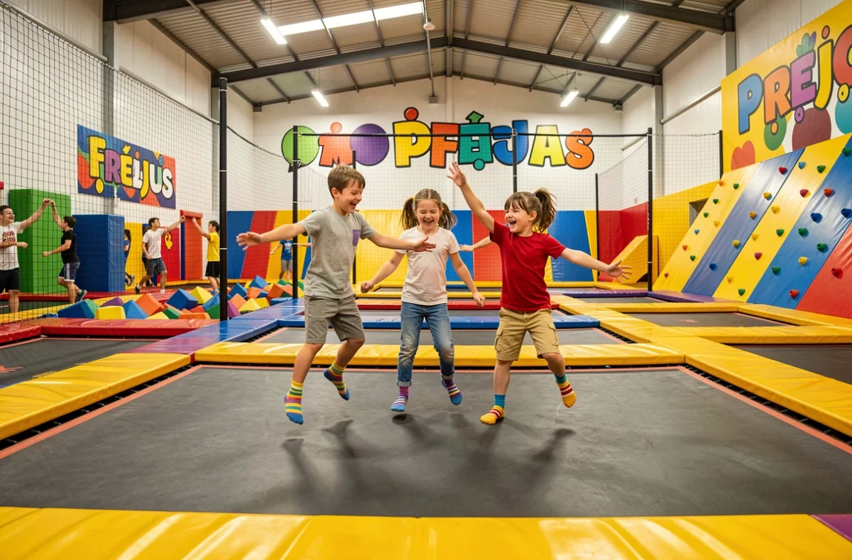 Enfants qui sautent sur les trampolines colorés de Fun City à Fréjus