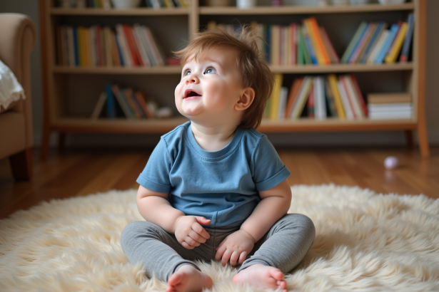 Garçon de 18 mois assis sur un tapis beige dans un salon chaleureux