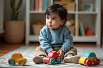 Garçon de trois ans assis sur le sol avec jouets en bois