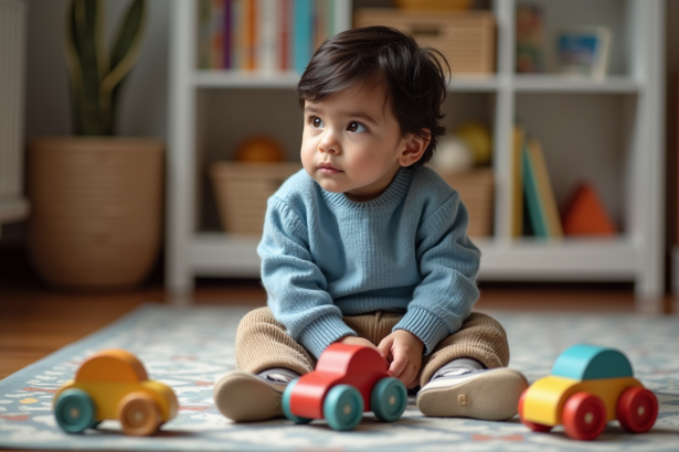 Garçon de trois ans assis sur le sol avec jouets en bois