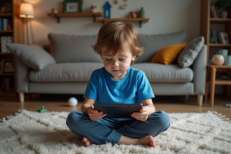 Garçon de sept ans joue avec une tablette dans le salon