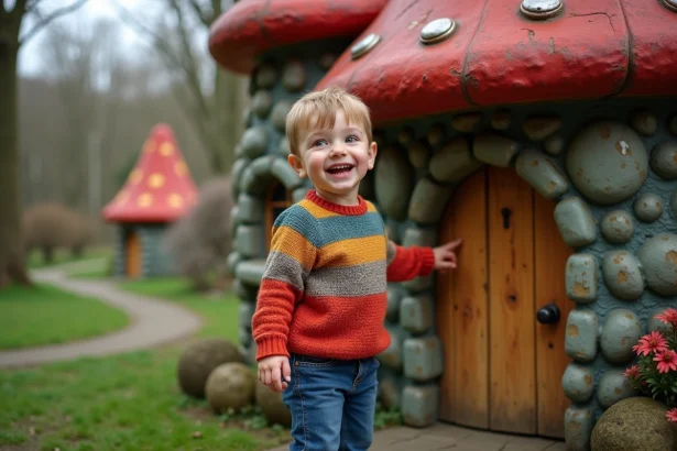 Jeune garçon devant maison champignon parc des Schtroumpfs