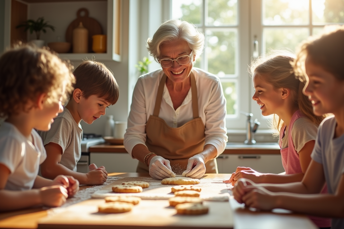 Une grand-mère cuisine avec ses petits-enfants dans une cuisine lumineuse
