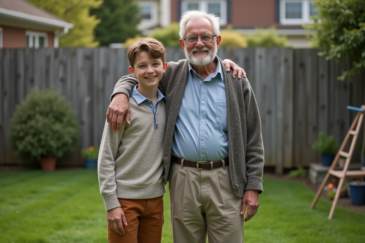 Grand-pere et adolescent dans un jardin en famille