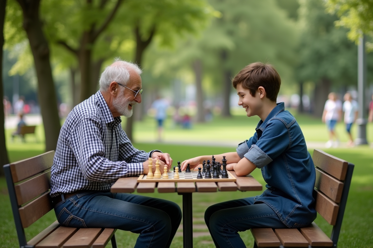 Un grand-père joue aux échecs avec son petit-fils dans un parc