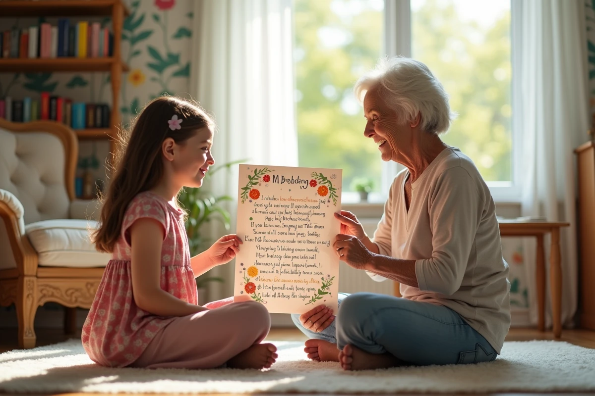 Petite fille offrant un po&egrave;me &agrave; sa grand-m&egrave;re souriante