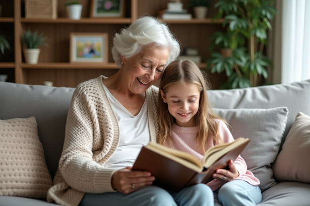 Une grand-mère et sa petite fille lisant un livre ensemble