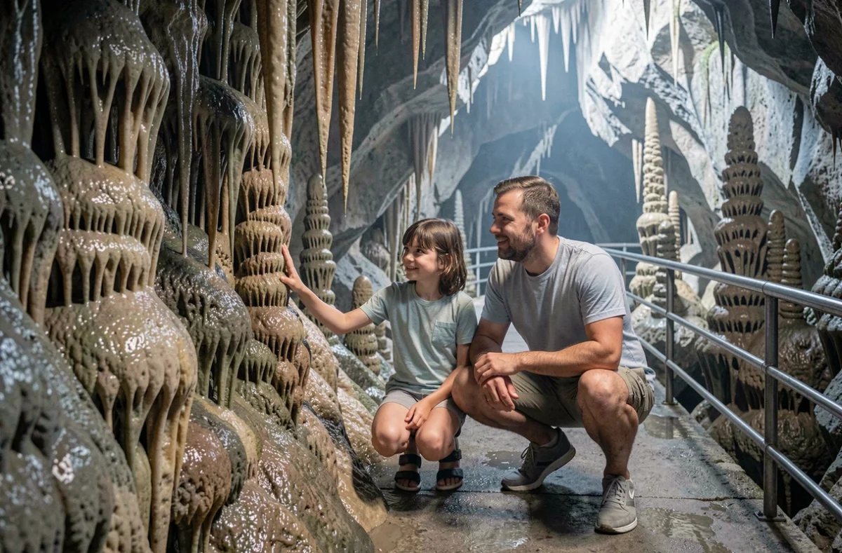 Père et enfants touchant des stalagmites dans les Grottes de Cornadore à Saint-Nectaire