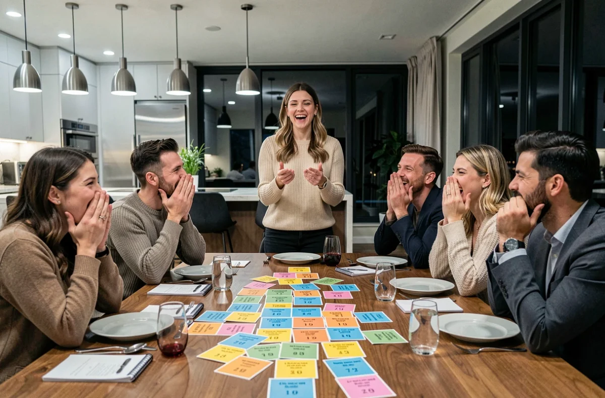 Grand groupe d'adultes autour d'une table après dîner en train de jouer à un jeu de questions amusantes avec des cartes colorées