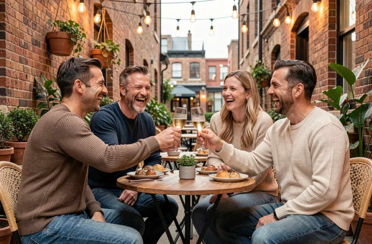 Groupe d'amis fêtant un anniversaire de 40 ans en terrasse avec des verres de vin pétillant