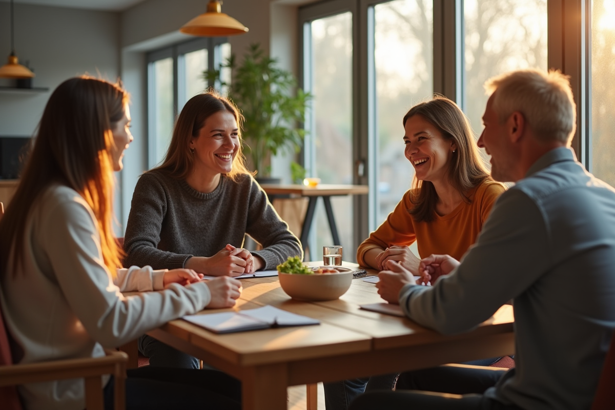 Groupe de personnes discutant dans un salon moderne