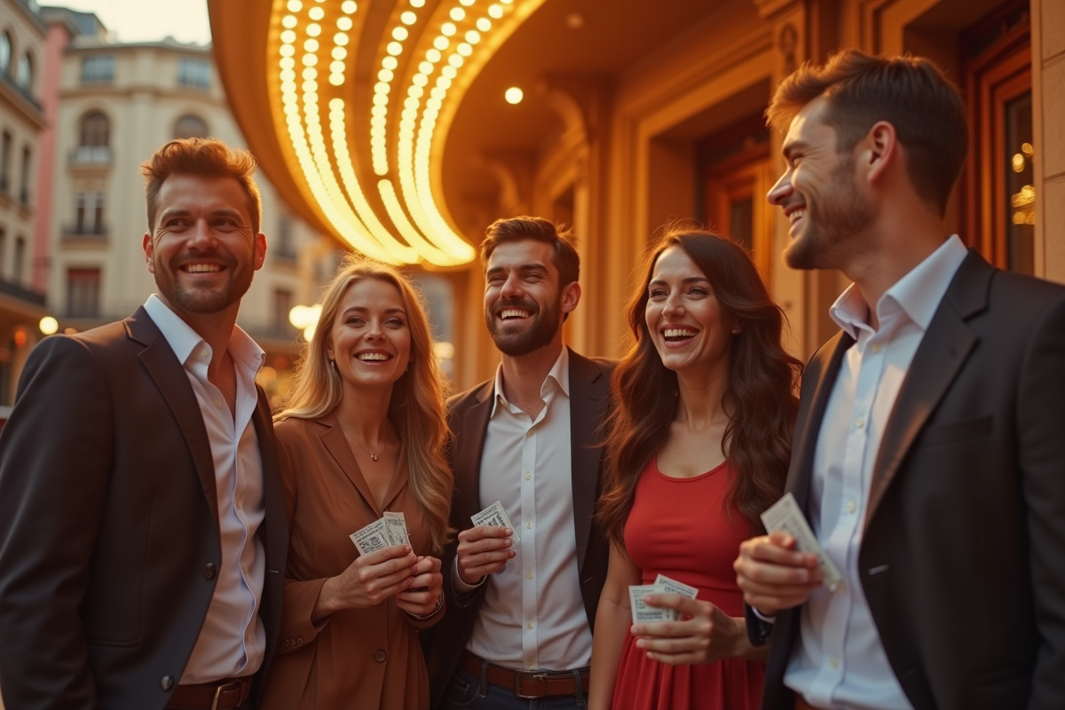 Groupe d'amis souriants devant un théâtre en soirée