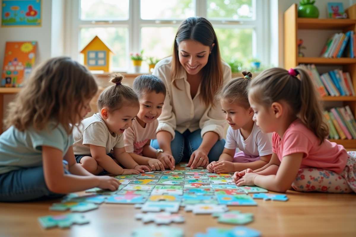 Enfants divers travaillent ensemble sur un puzzle en classe