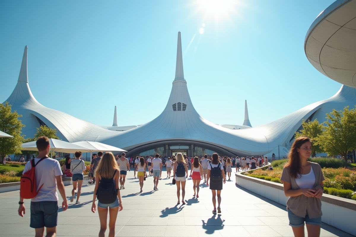 Groupe de personnes souriantes devant l'entrée du Futuroscope ensoleille