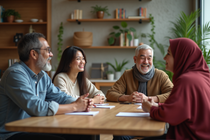 Jeunes adultes autour d'une table dans un centre culturel